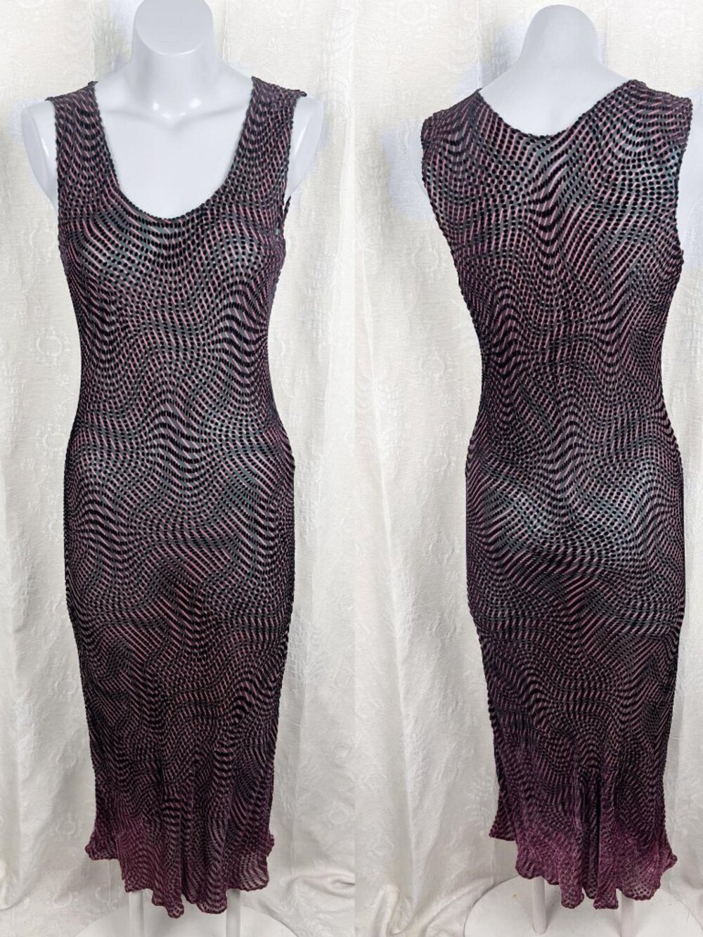 Sheer XS-L silk velvet maxi dress Y2K pink stripe sleeveless stretch URU vintage